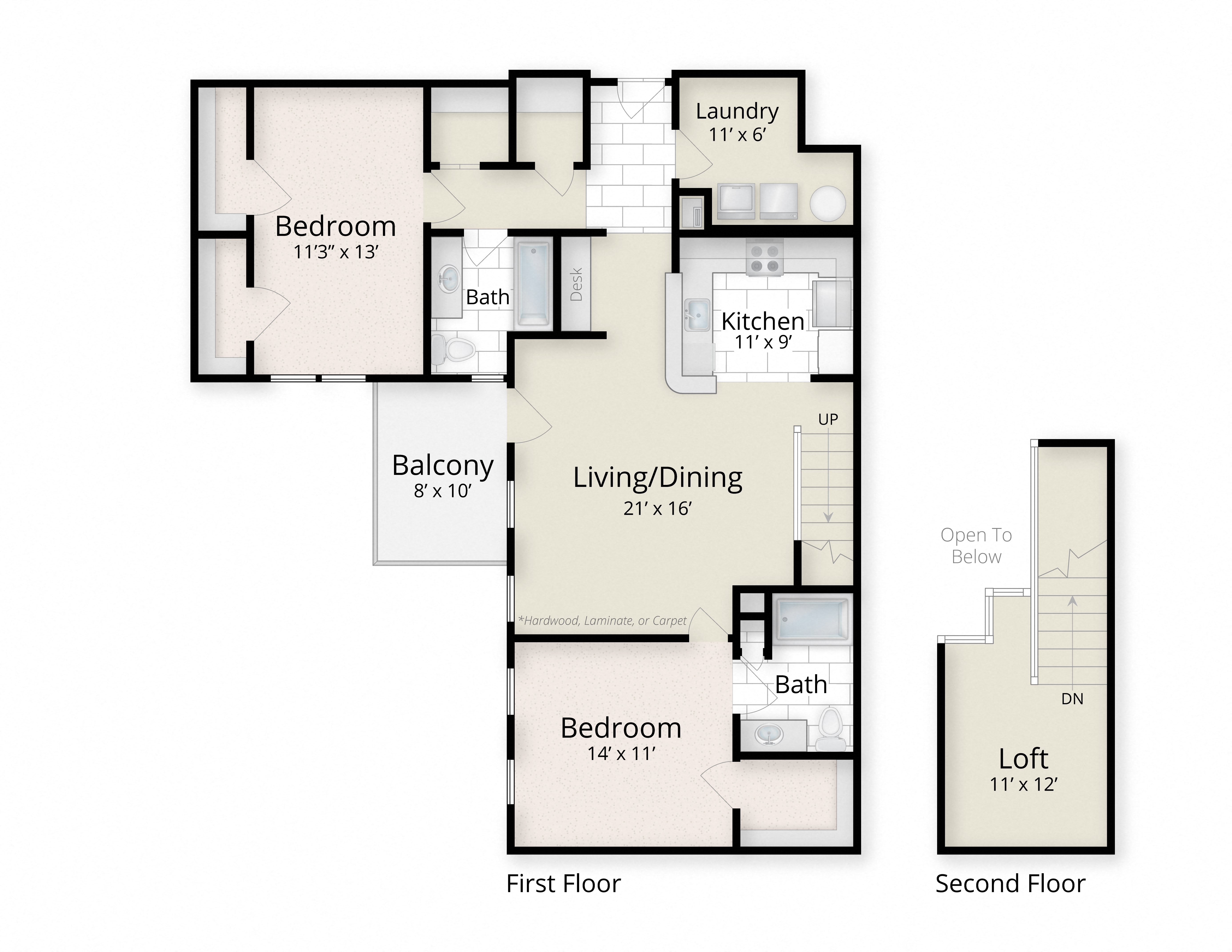 Floor plan for 2 beds, 2 baths, 1381 sqft